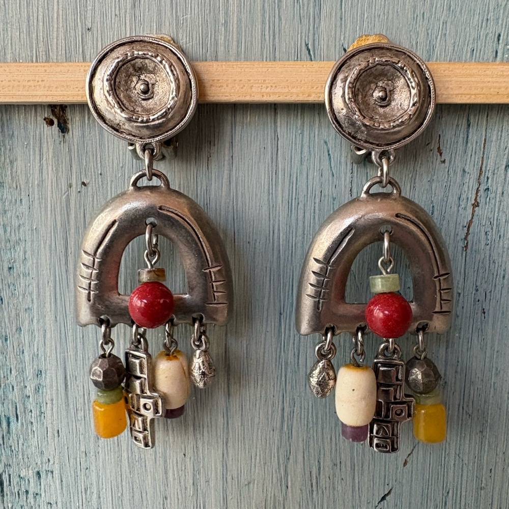 Boho Silver Dangle Earrings with Multicolor Beads